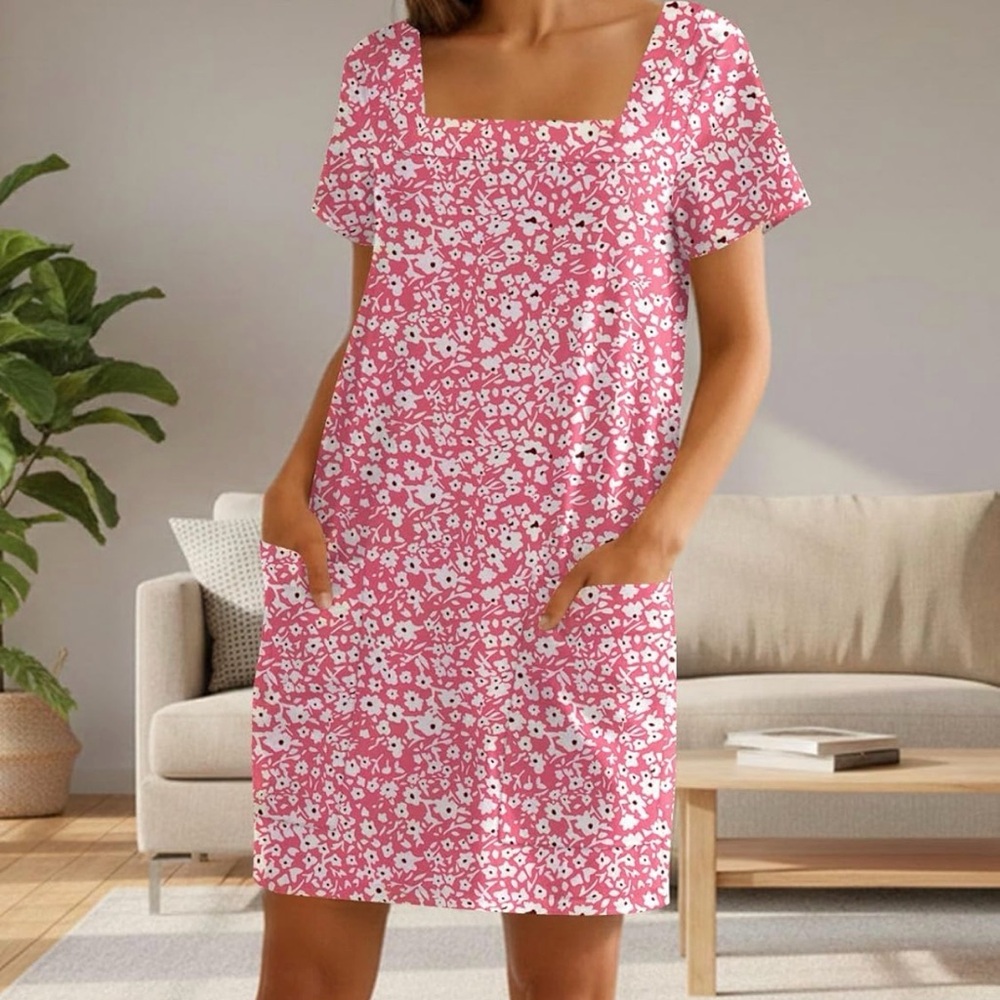 Pink Floral Square-Neck Dress or Tunic with Pockets